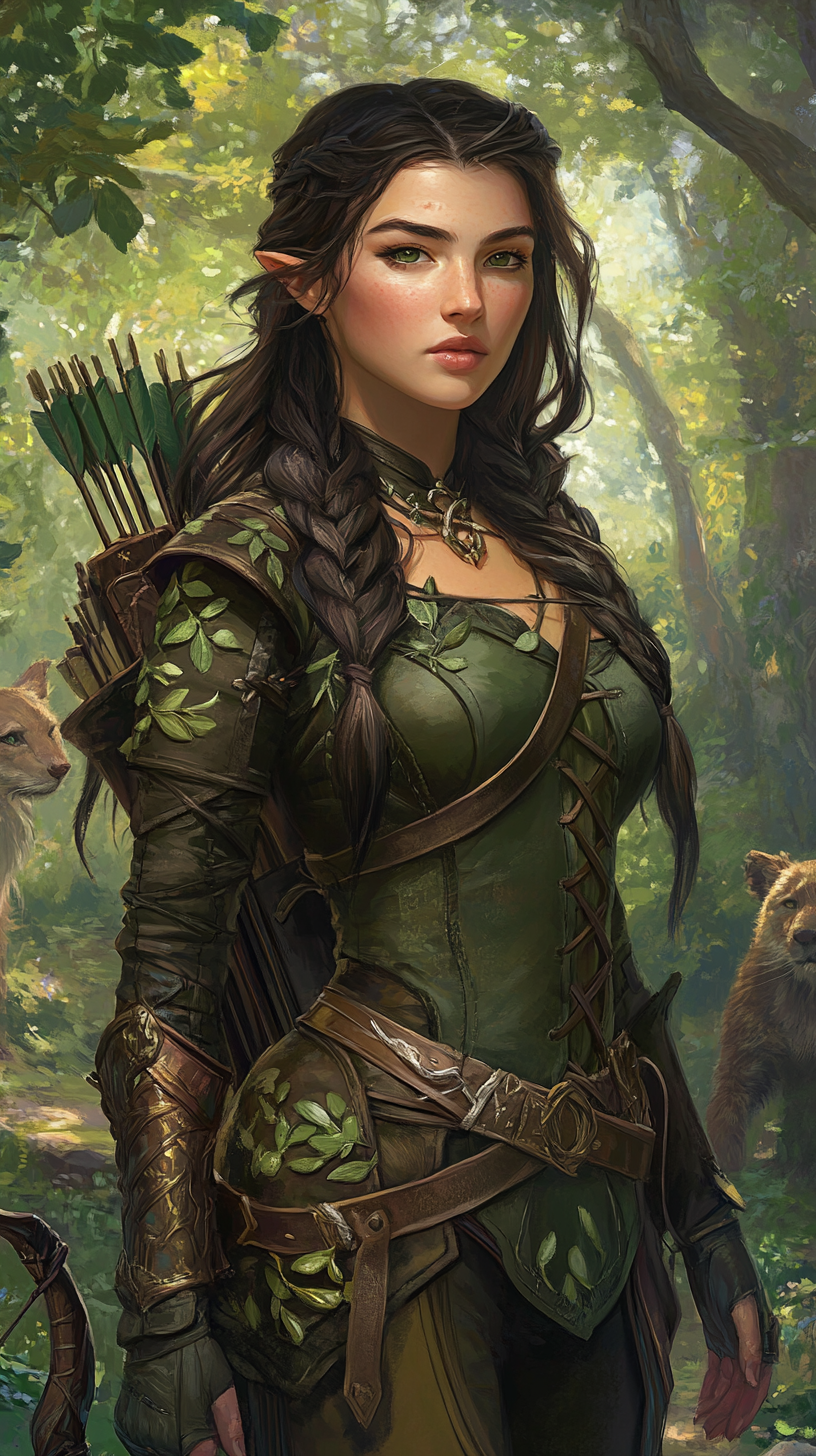 Forest Ranger with long dark hair, green eyes, bow.