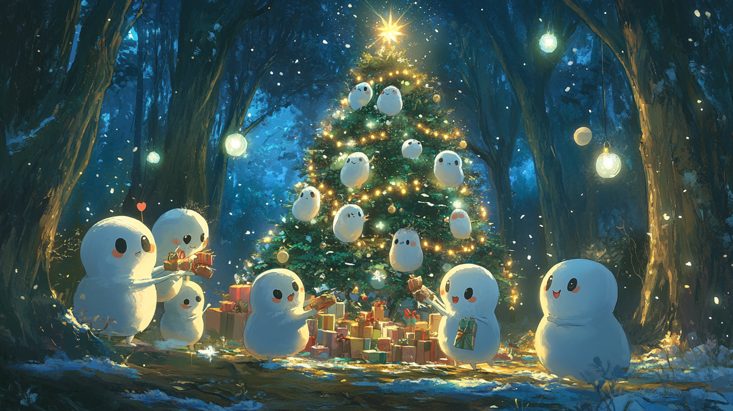 Forest Spirits Celebrating Christmas in Enchanted Winter Wonderland