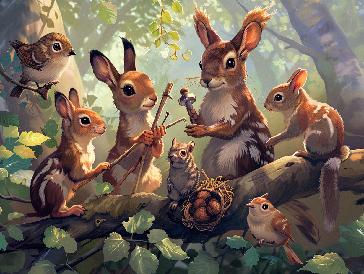 Forest animals helping bunny with tools, cheerful and friendly.