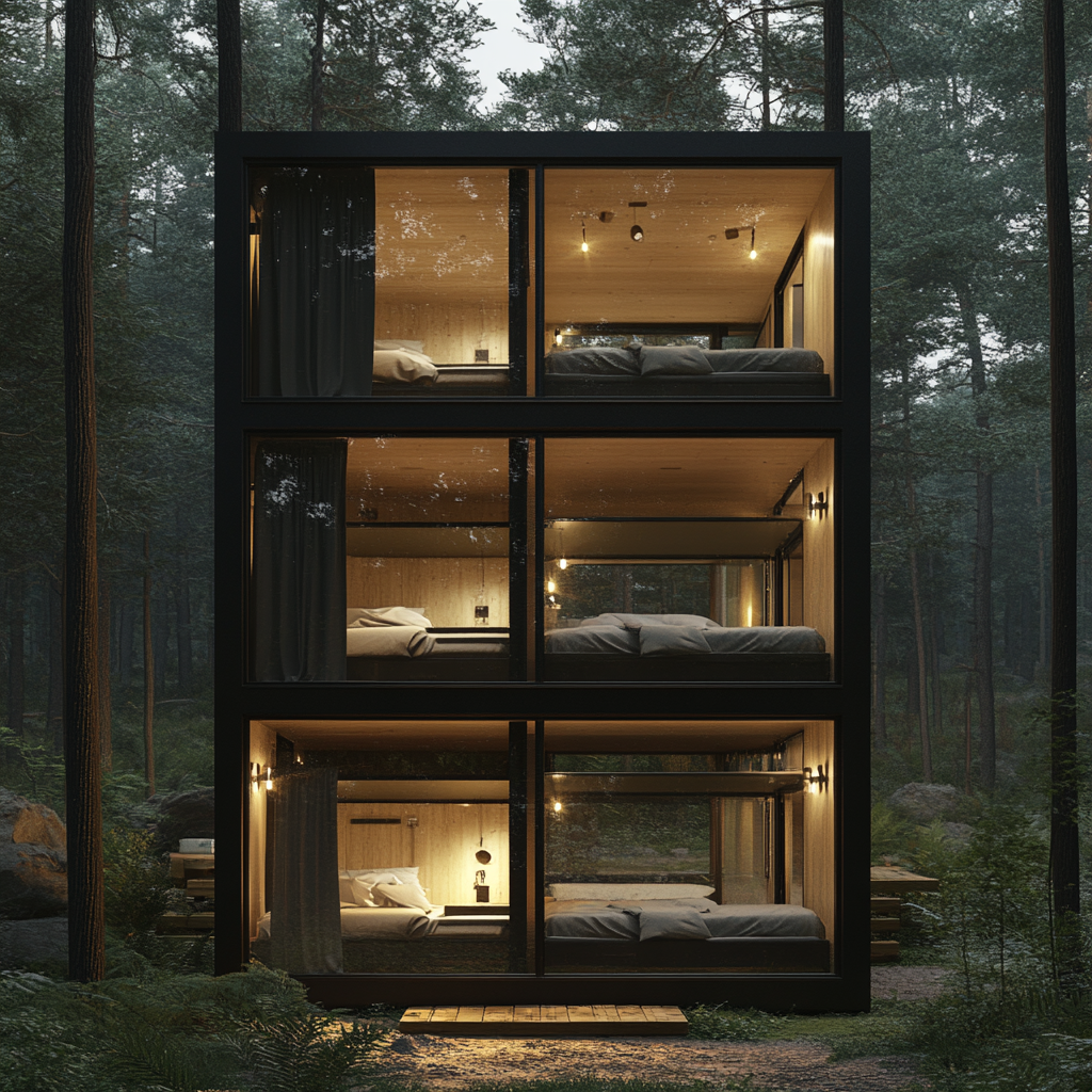 Forest cabin design with two stories, bunk bedrooms, atrium.