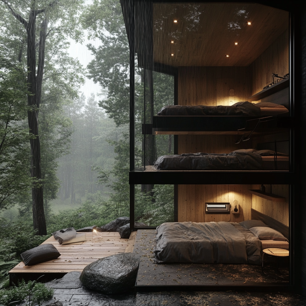 Forest cabin with bunk beds, raining view, split level