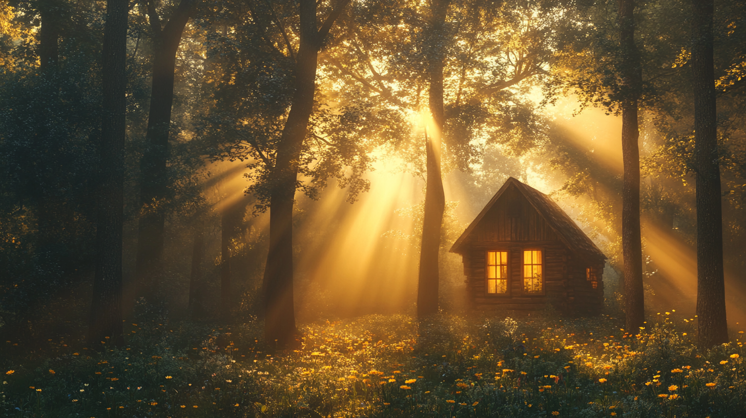 Forest clearing sunrise, light through trees, cabin glow, wildflowers.