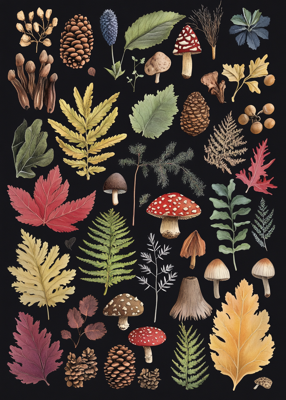 Forest plants and mushrooms arranged beautifully on black.