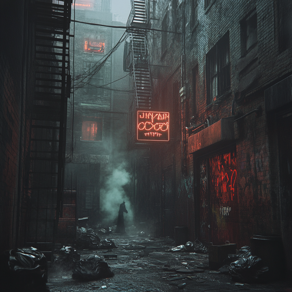 Forgotten alleyway with occult markings, ominous glow, and figure watching.