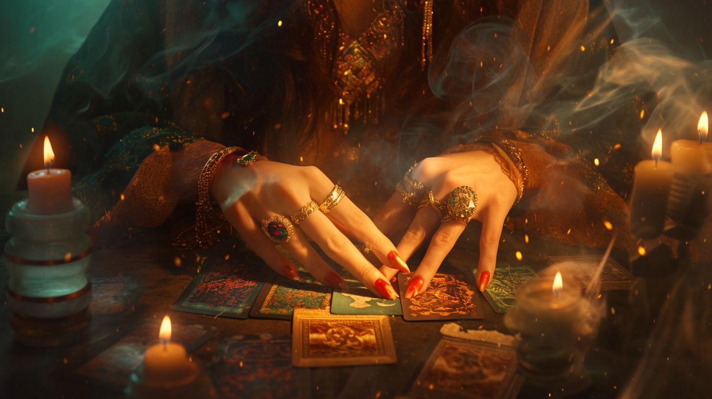 Fortune teller's hands reading tarot cards with mystical symbols