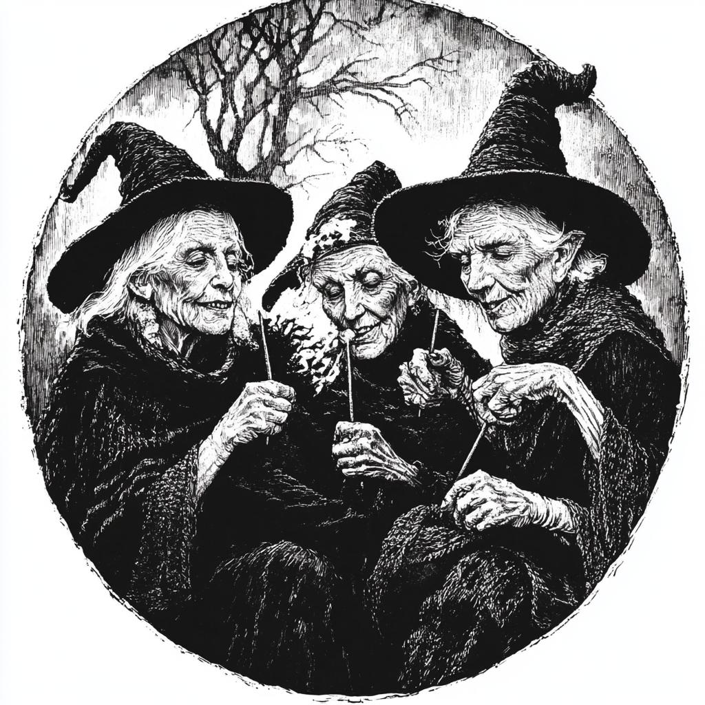 Four 55-year-old witches knitting black scarf. White hair