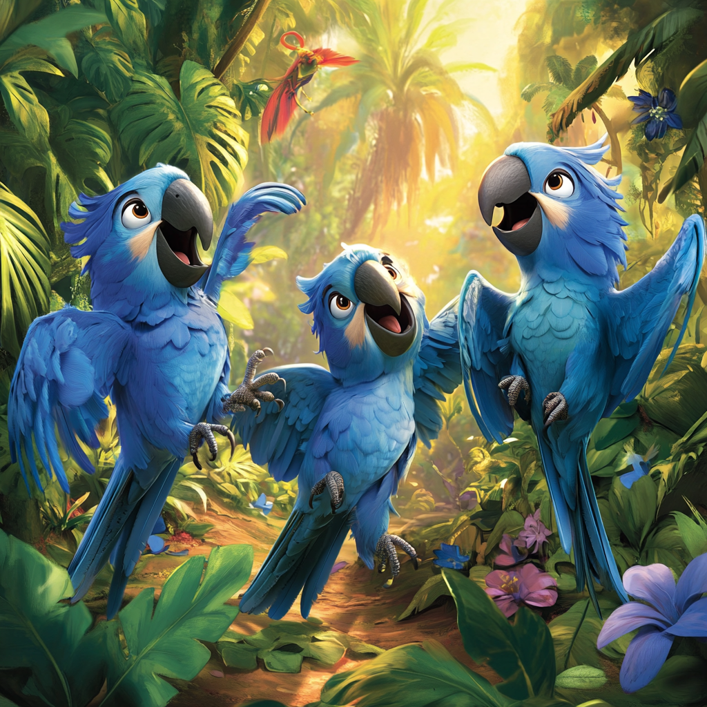 Four Blue Parrots in Tropical Dance Party