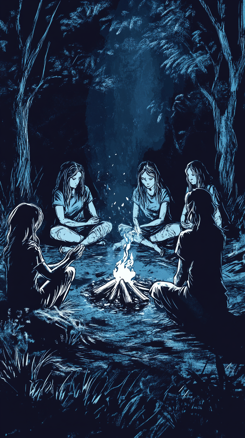 Four Girls Performing a Seance Around Campfire