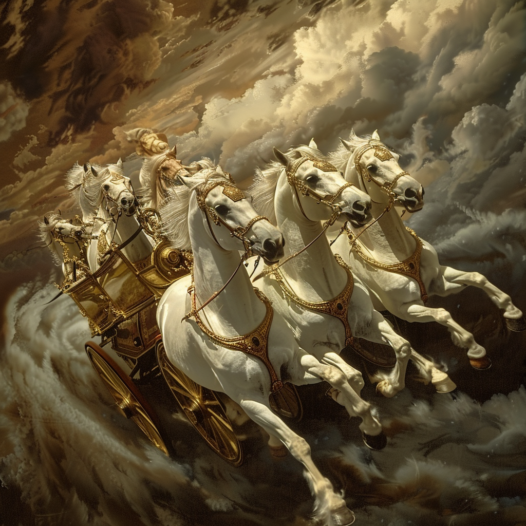 Four White Horses Pulling Golden Chariot through Storm