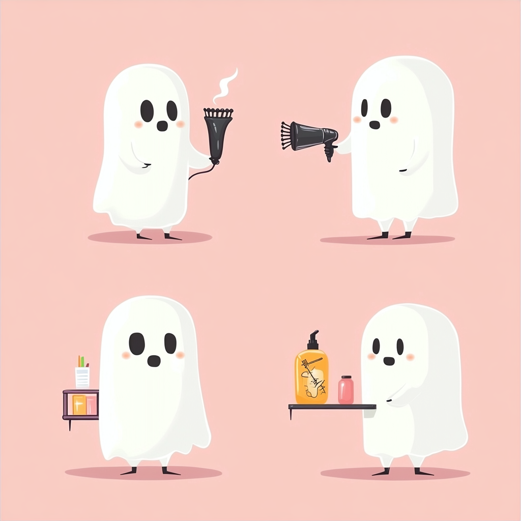 Four adorable ghost characters doing different jobs