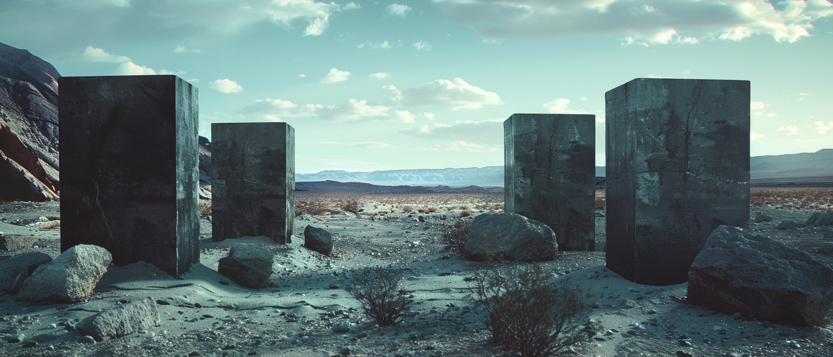 Four cement shapes in desert landscape with rocks