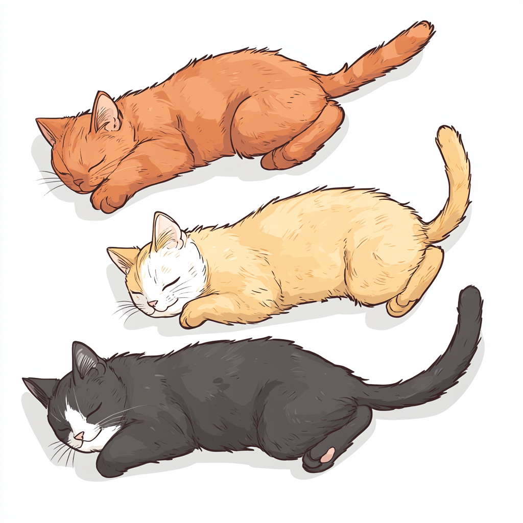 Four colorful cats sleeping with tails up.