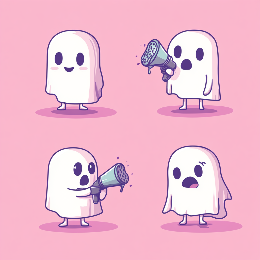 Four cute ghost hairstylists in various fun poses