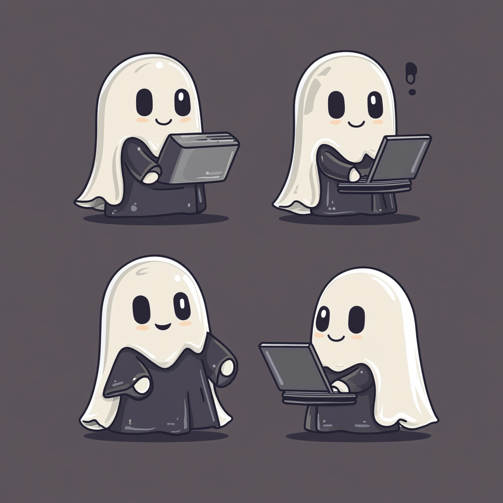 Four cute ghosts with laptop, in different poses