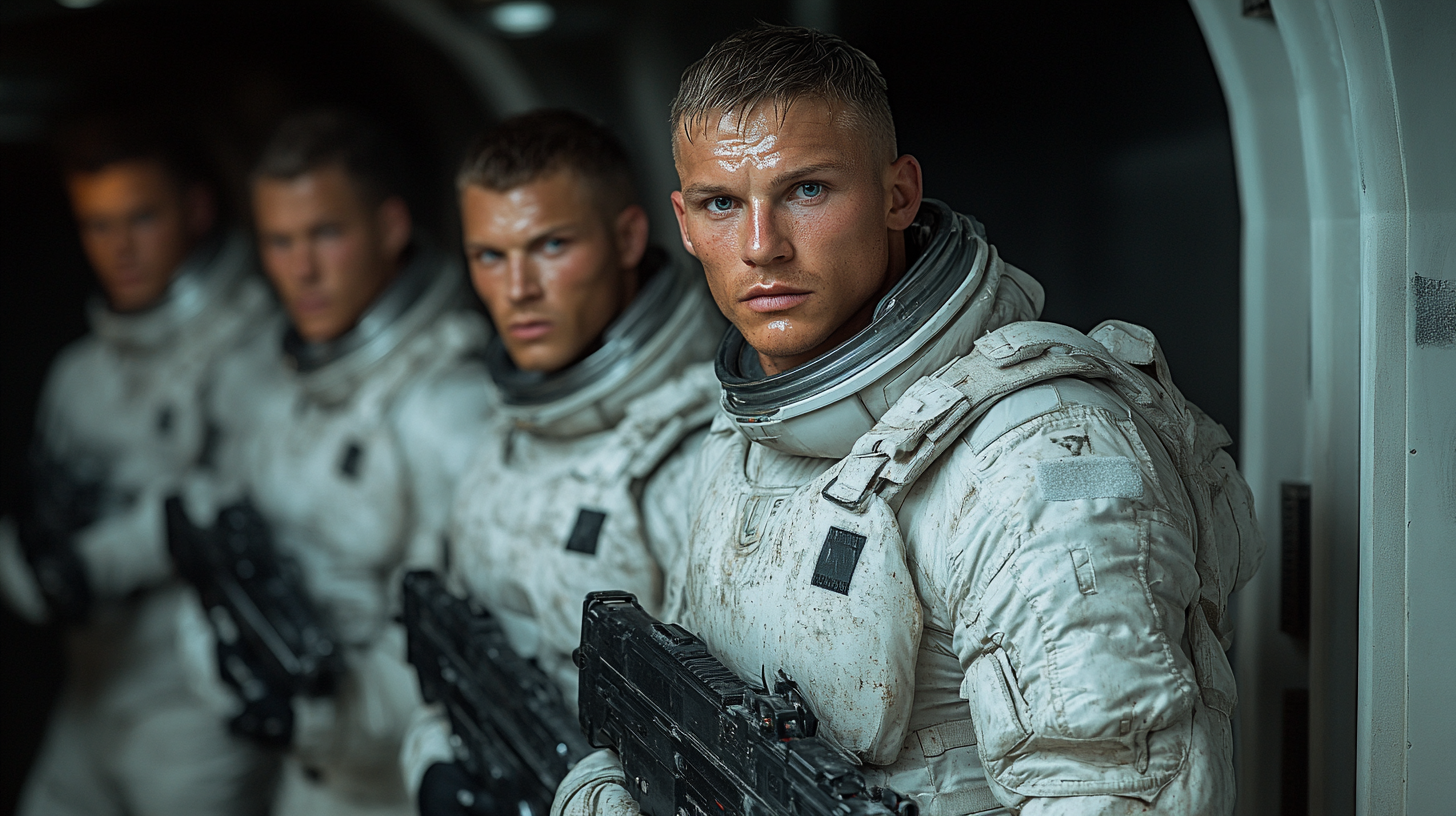 Four cyborgs in military uniform, holding machine guns.portrait.