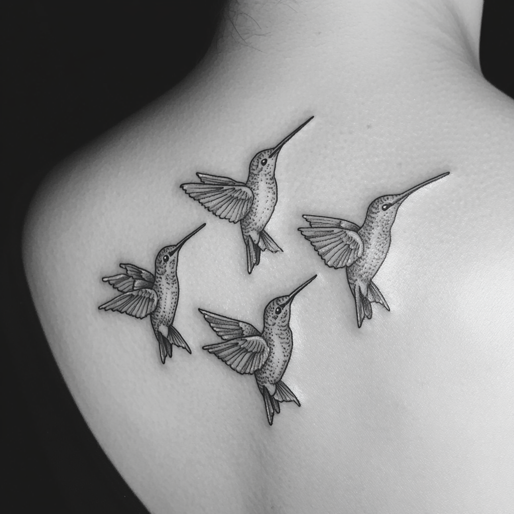 Four delicate hummingbirds in a row on shoulder.