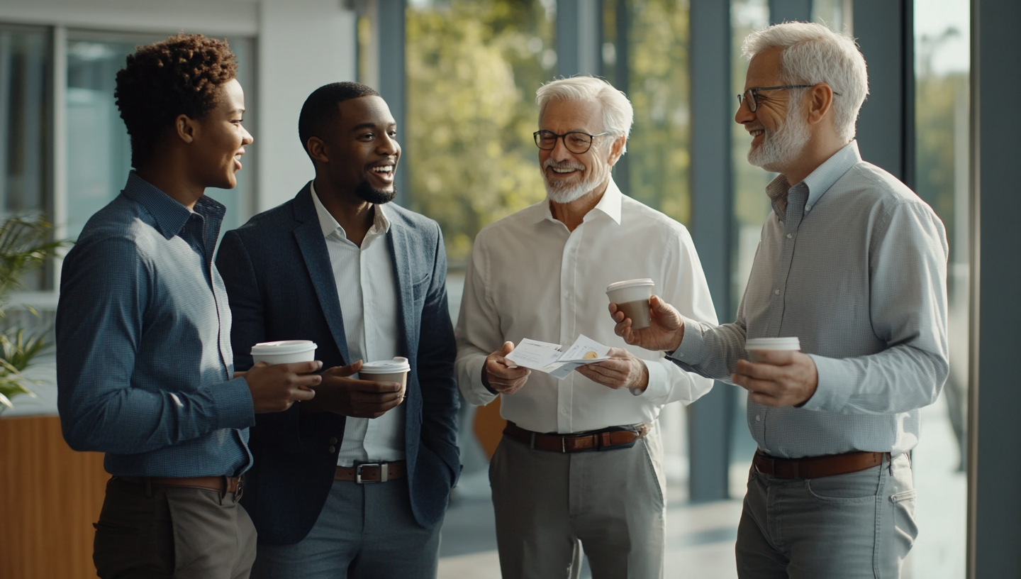 Four diverse professionals chatting in open office, smiling.