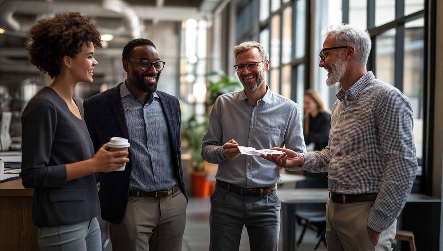 Four diverse professionals laughing and chatting in office.