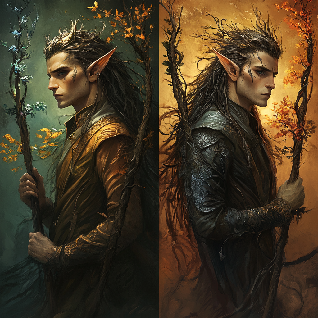 Four fantasy art images of male elf changing seasons.