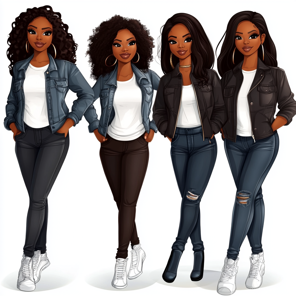 Four glamorous African American women in clipart style