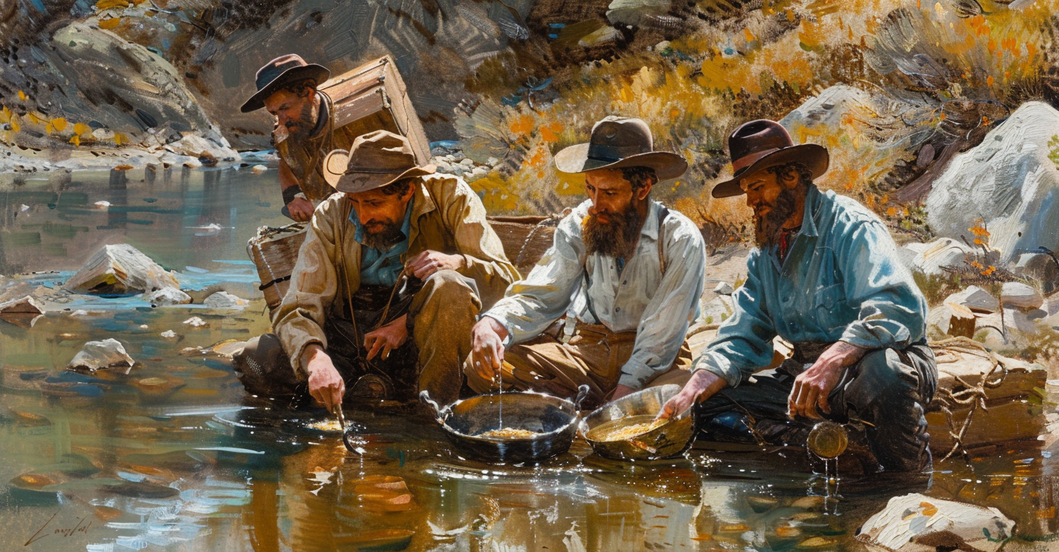 Four men gold panning, one sitting with blue shirt.