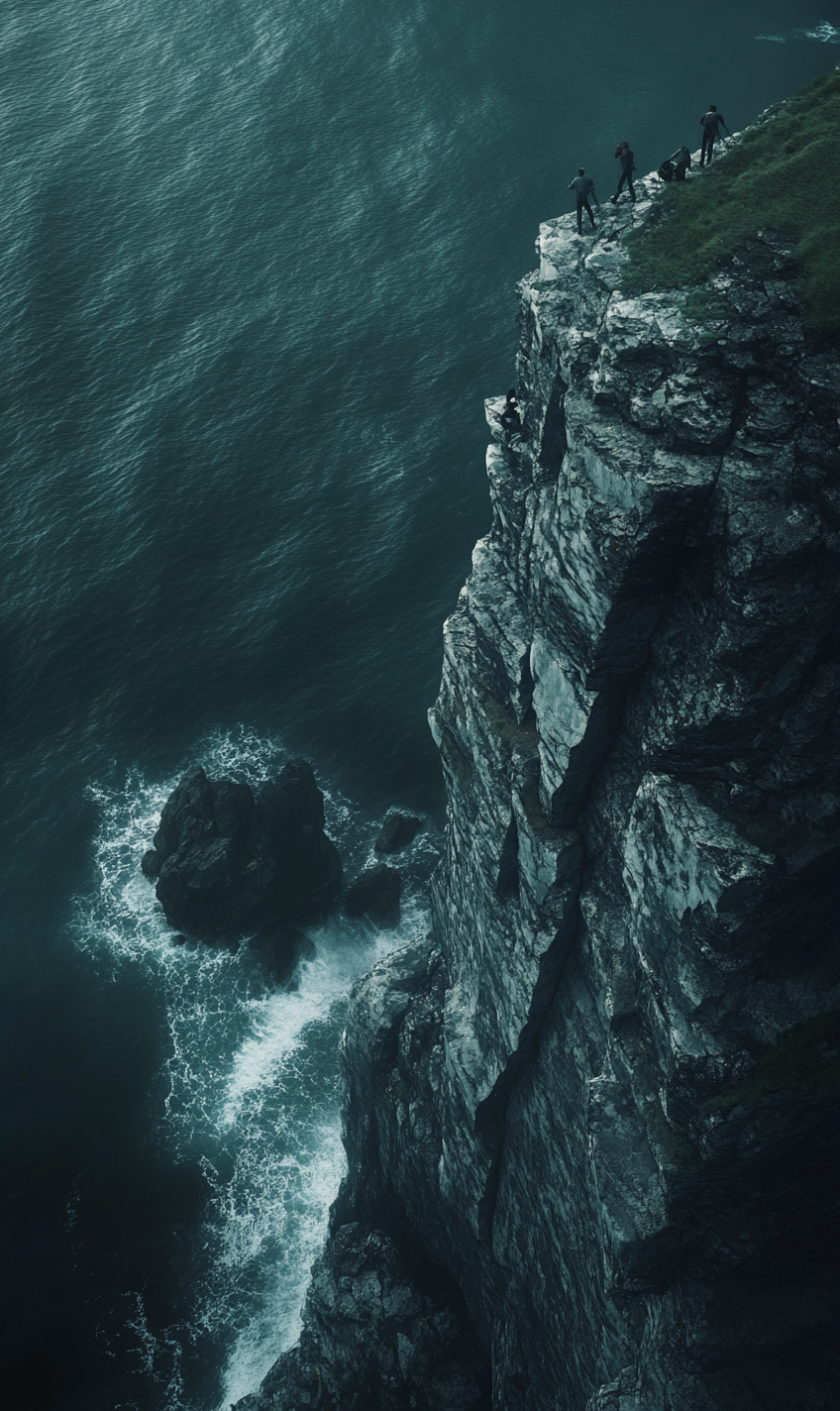 Four people climbing spooky British cliff, menacing sea.