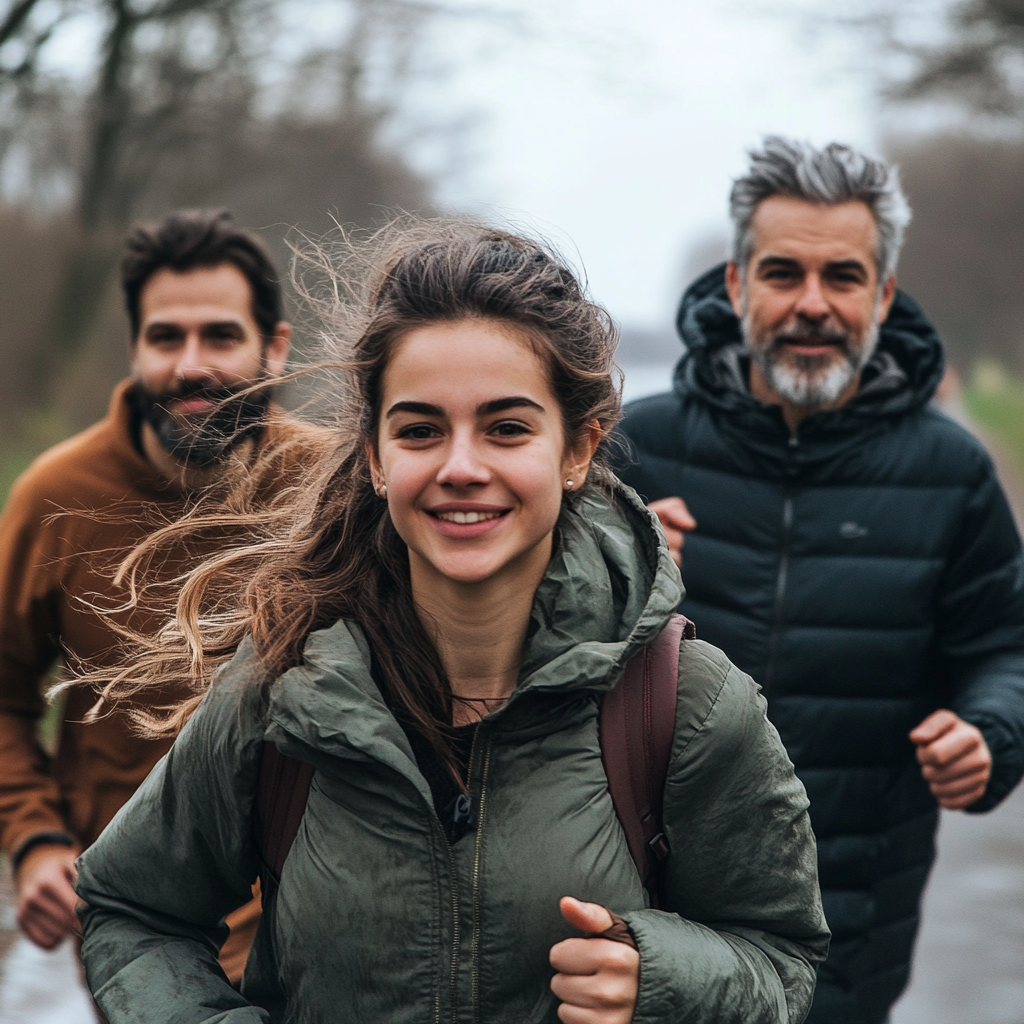 Four people jogging together at Stralau Island, Berlin.