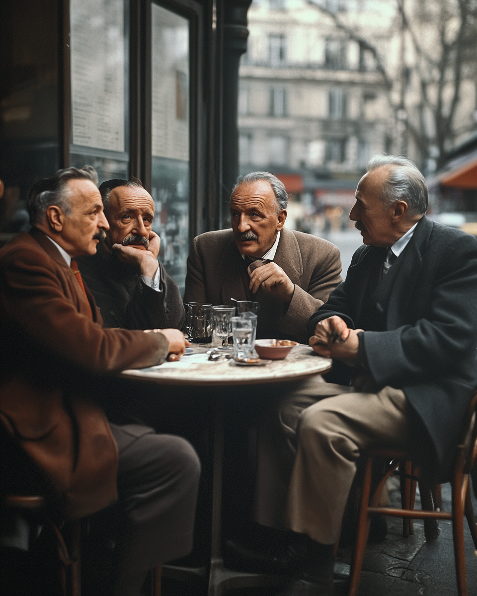 Four philosophers in 1950s Parisian café, discussing ideas.