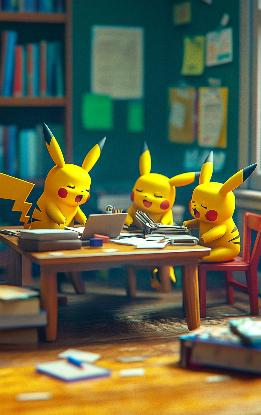 Four pikachus studying in a college classroom, one napping.