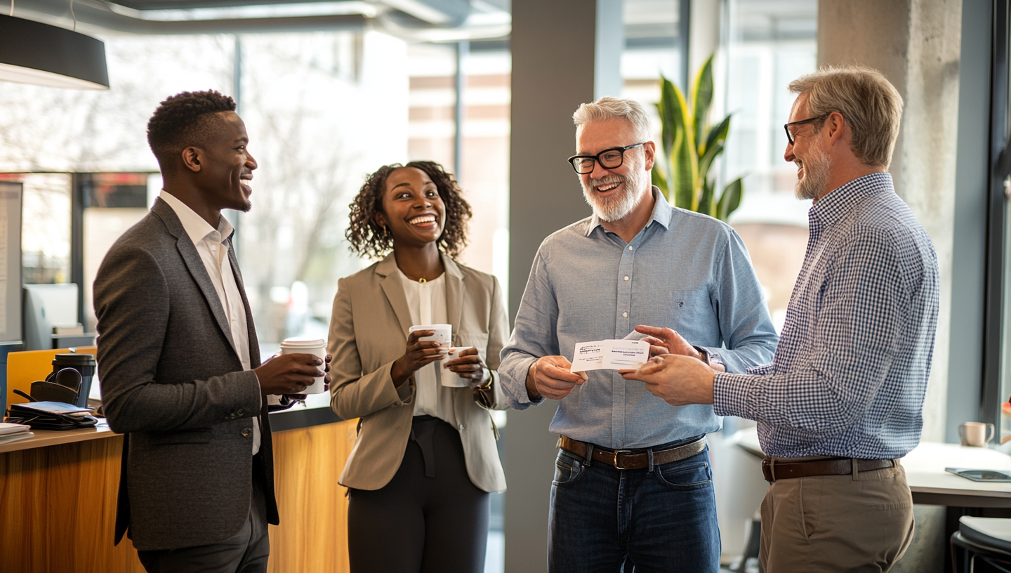 Four professionals in open office, smiling, talking, coffee.