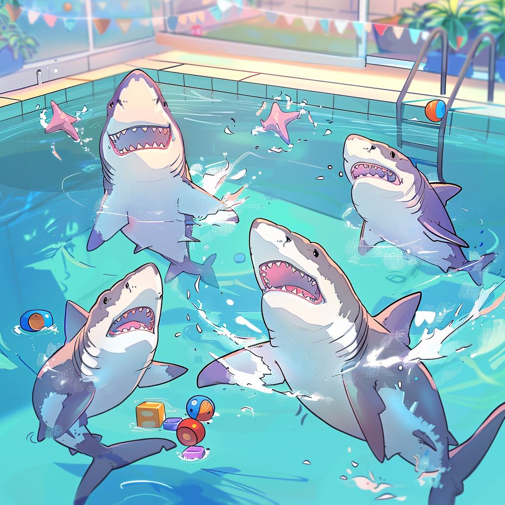 Four sharks playing happily in a pool.