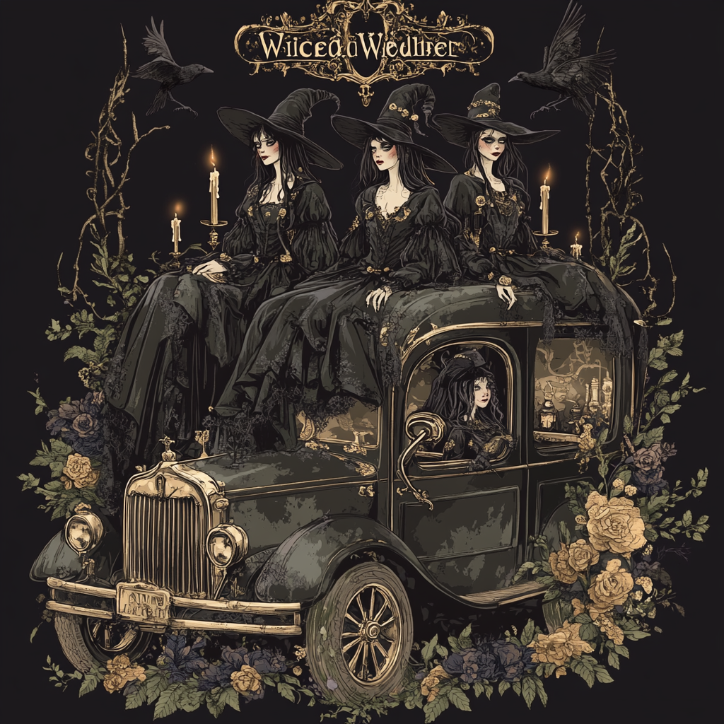 Four witches atop a decorated hearse on 'Wicked Wednesday'