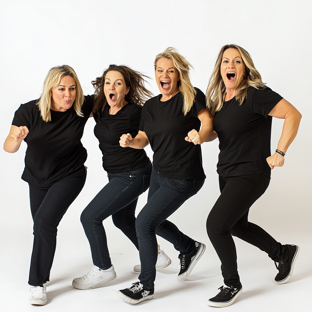 Four women dancing in funny full-monty style line.