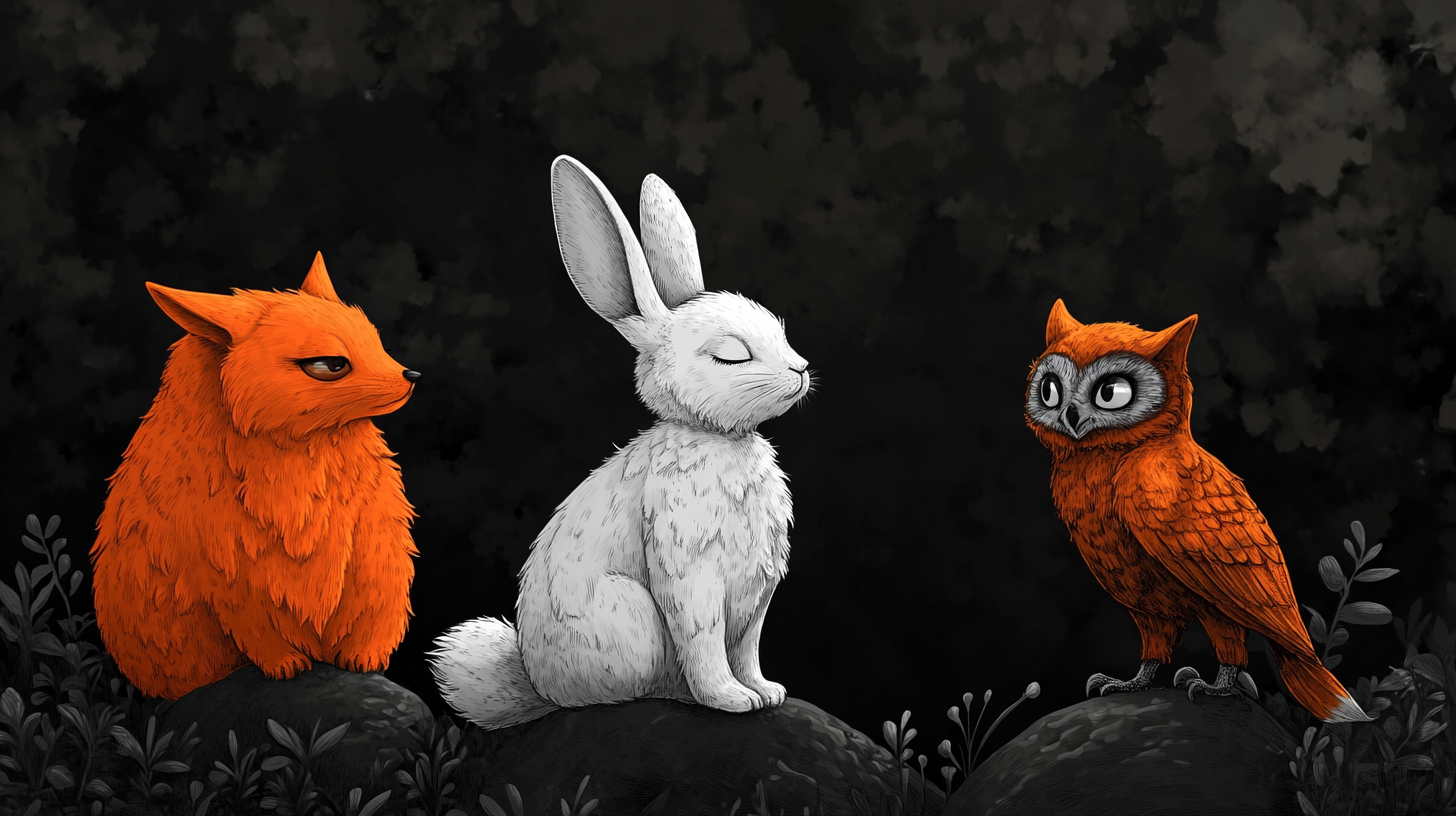 Fox, owl, rabbit in black and white cartoon.