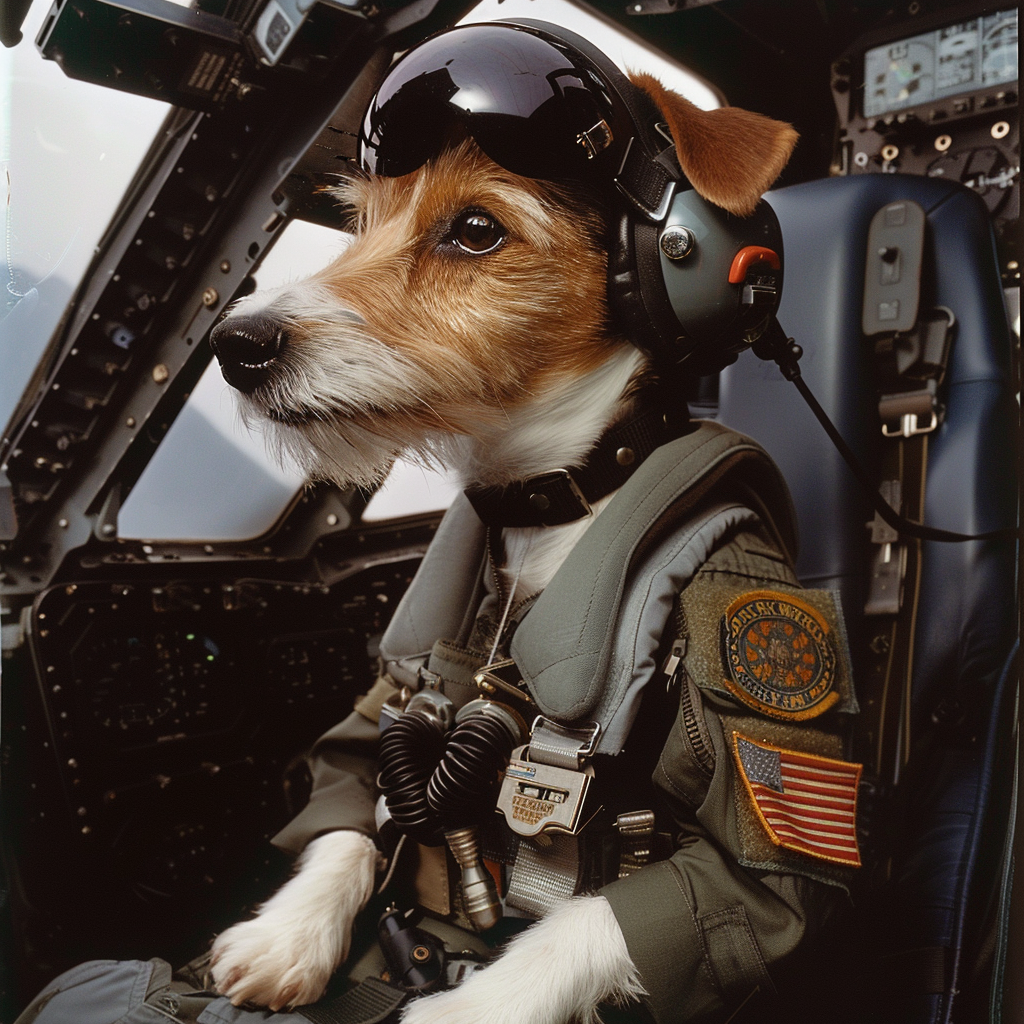 Fox Terrier puppy in Air Force pilot uniform in cockpit.