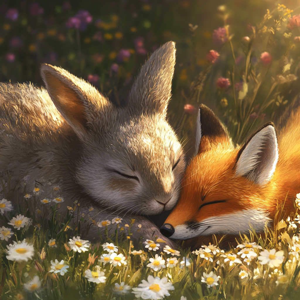 Fox and Rabbit: Peaceful Meadow Friendship