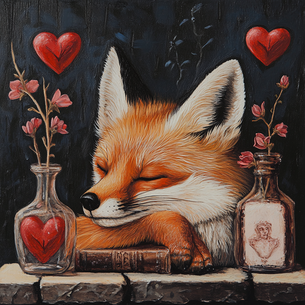 Fox dreams by fireplace, surrounded by heart symbols. Vacation souvenirs and pink peonies on mantelpiece.