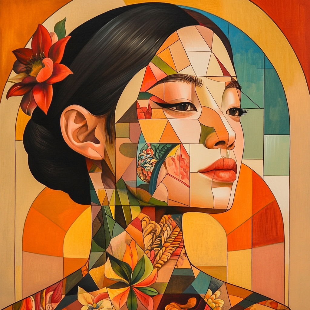 Fragmented Asian Woman: Bold Geometric Cubist Portrait