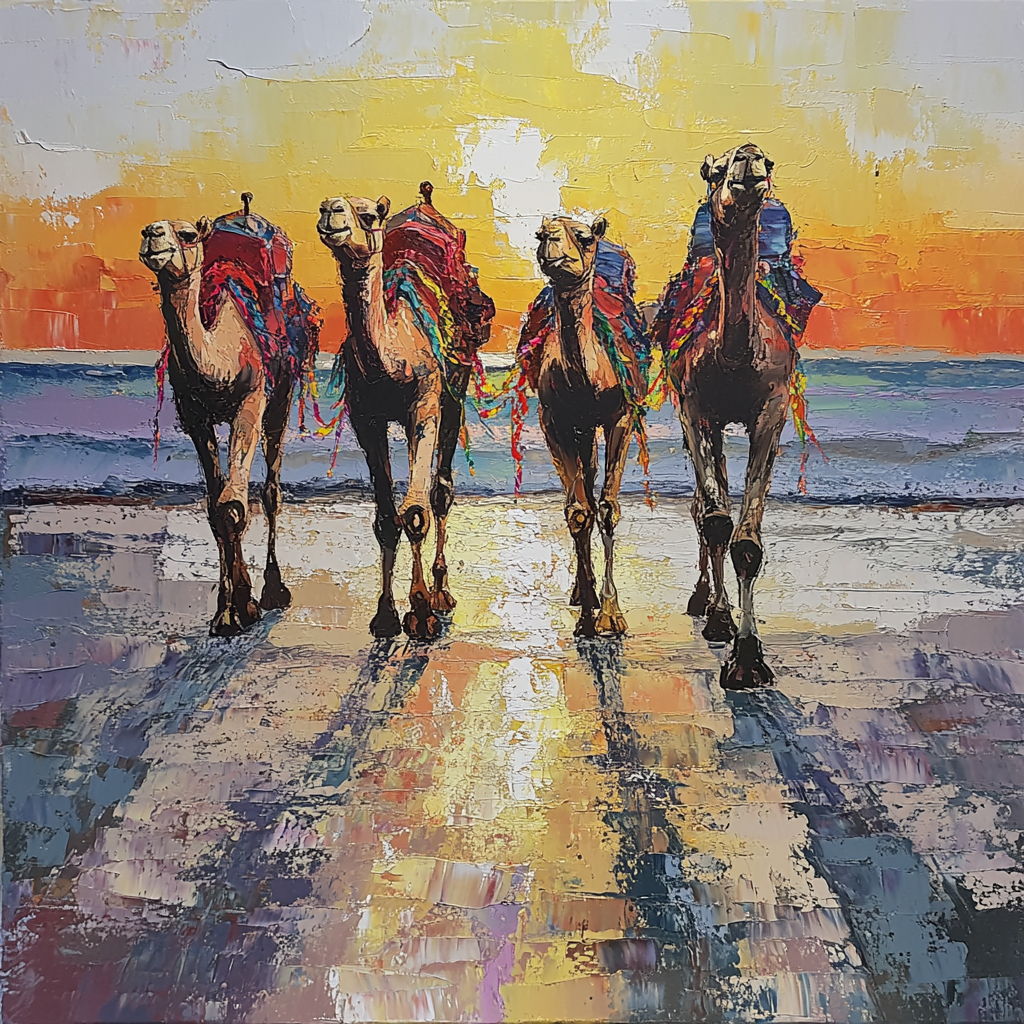 Fragmented camels walking in a row on beach.