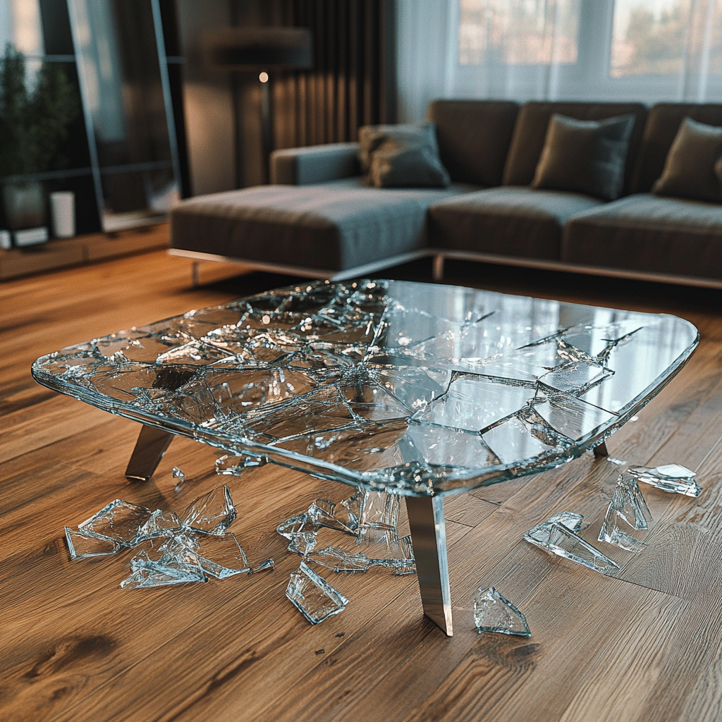 Fragments of glass spread out on wooden floor.