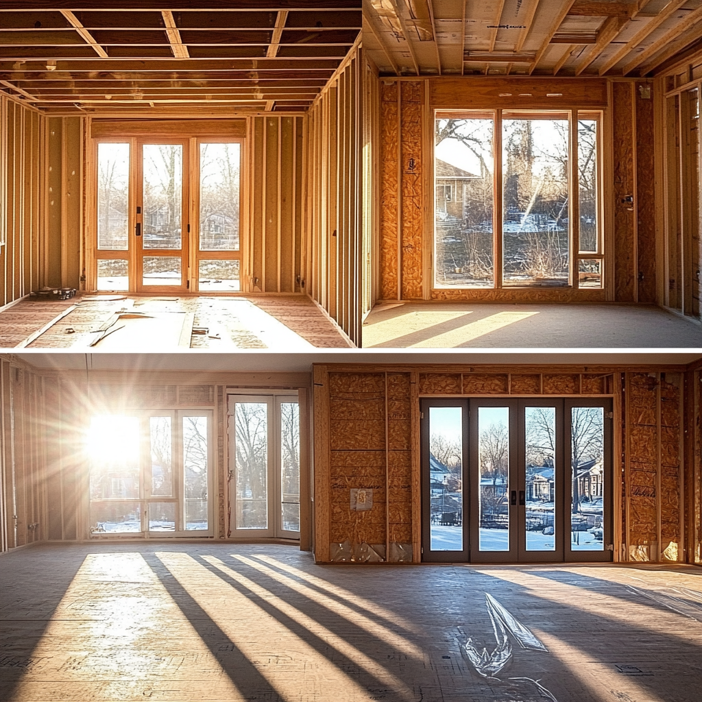 Frame construction site, complete walls with windows and doors.