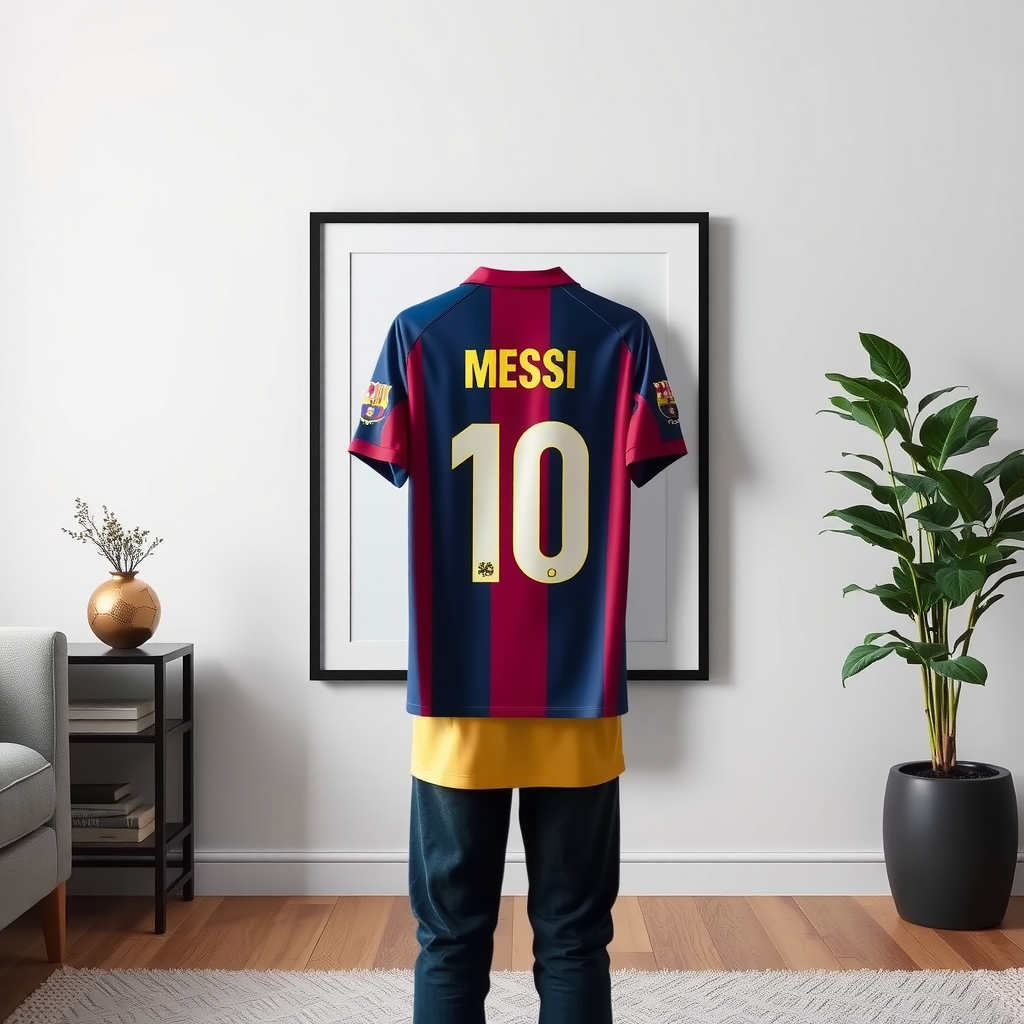 Frame on wall: Messi's dress from behind