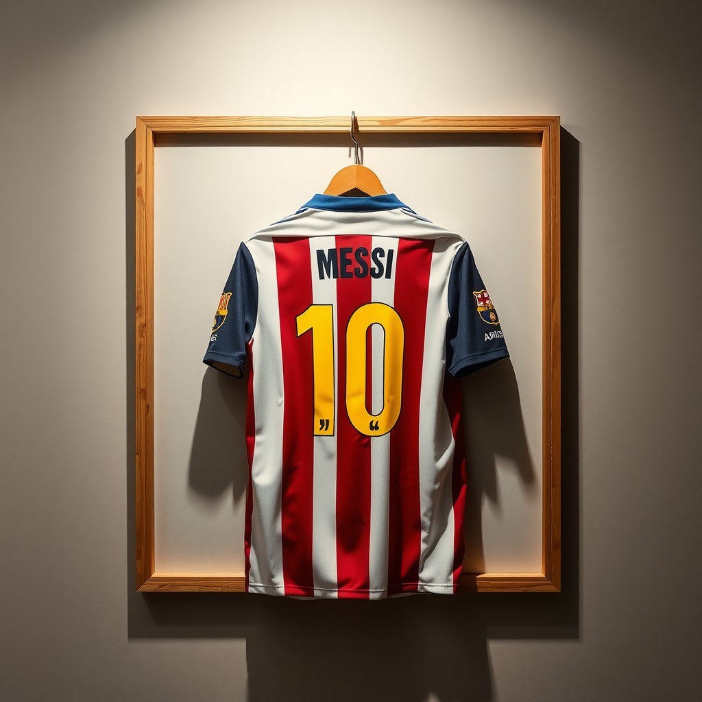 Framed Lionel Messi's clothes on wooden wall.