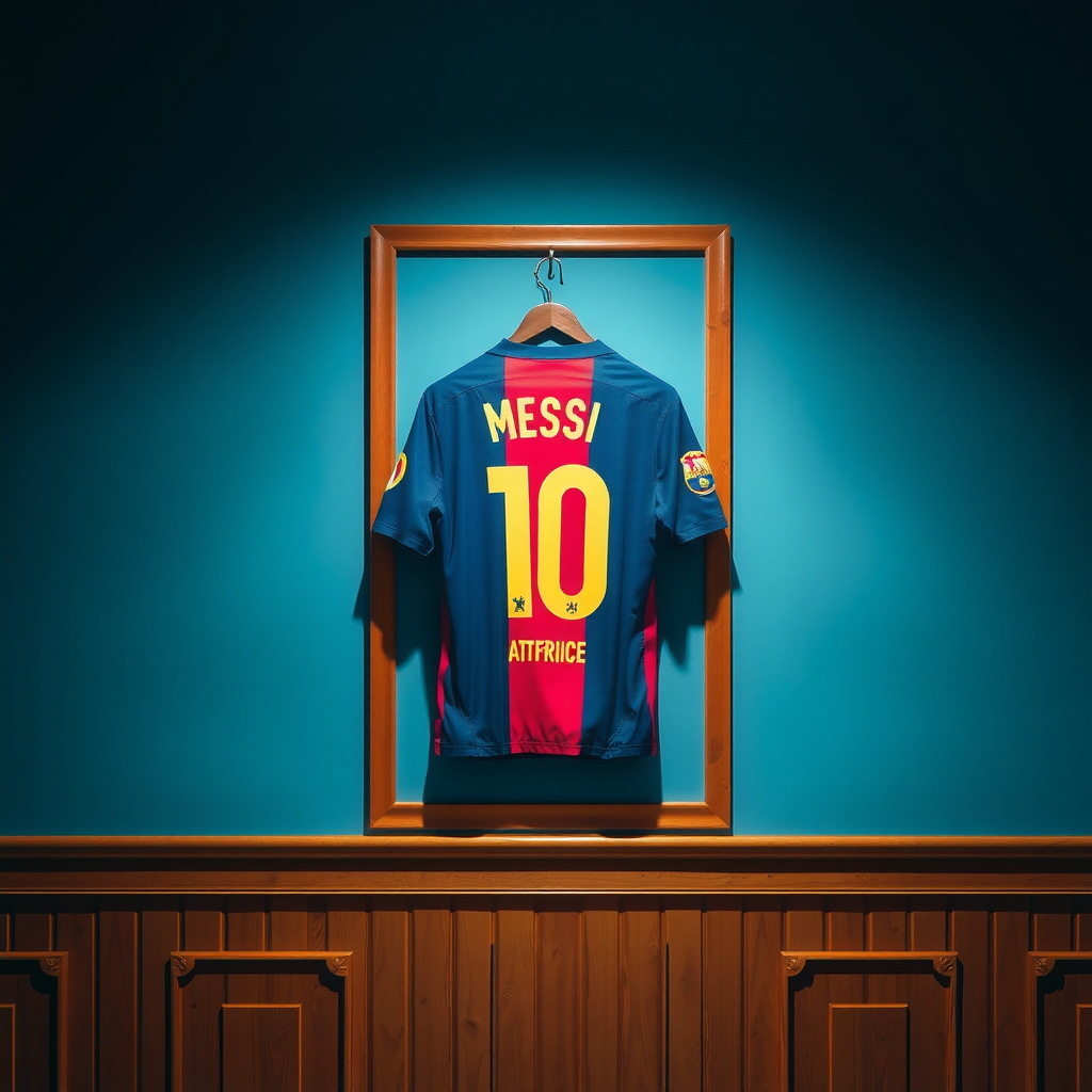 Framed Lionel Messi clothes hung on wall, seen from behind.