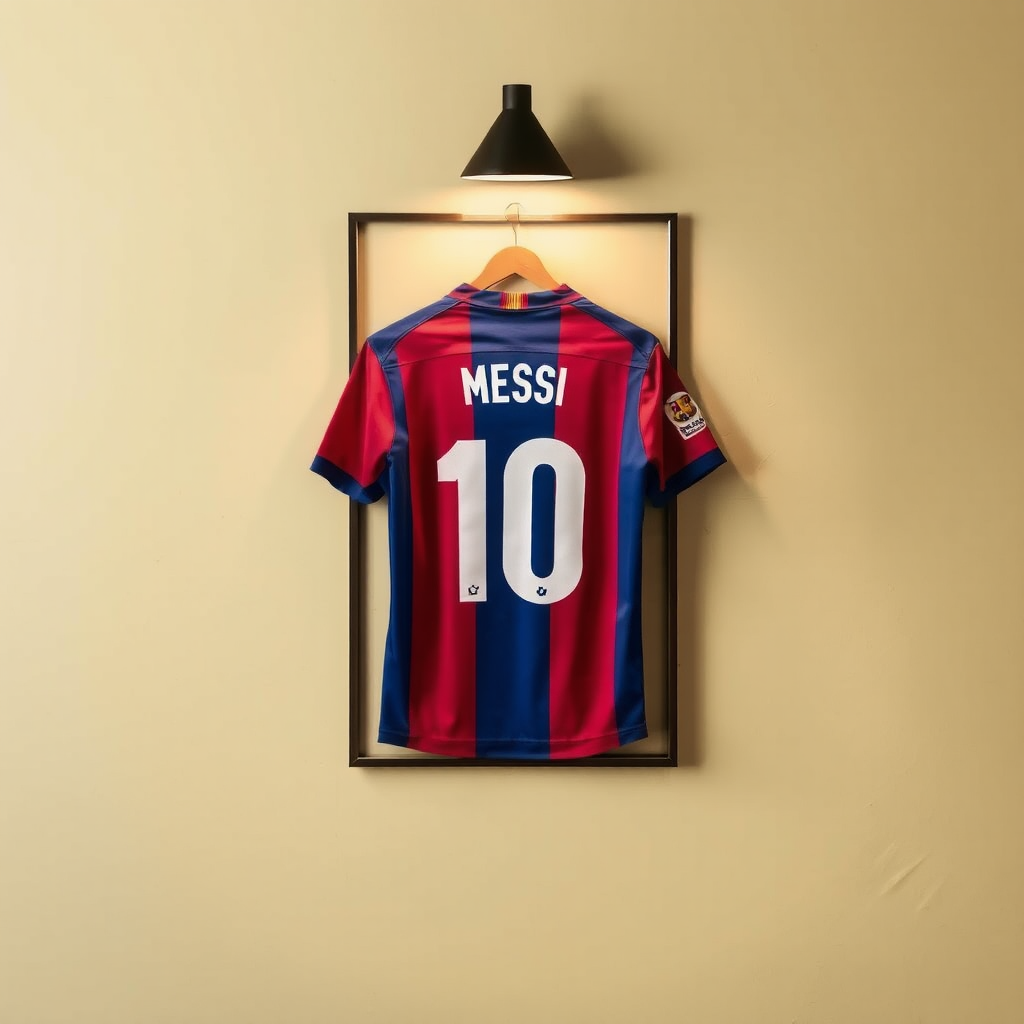 Framed picture of Messi's dress hanging on wall.