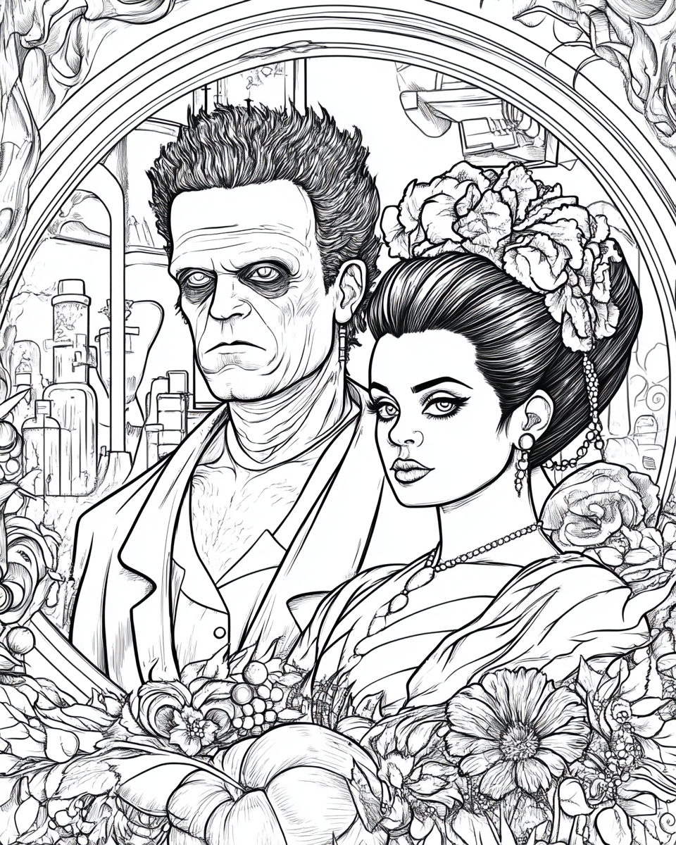 Frankenstein's creature and Bride in comic book color page.