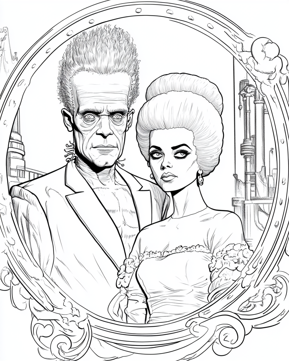 Frankenstein and Bride in classic comic book style.