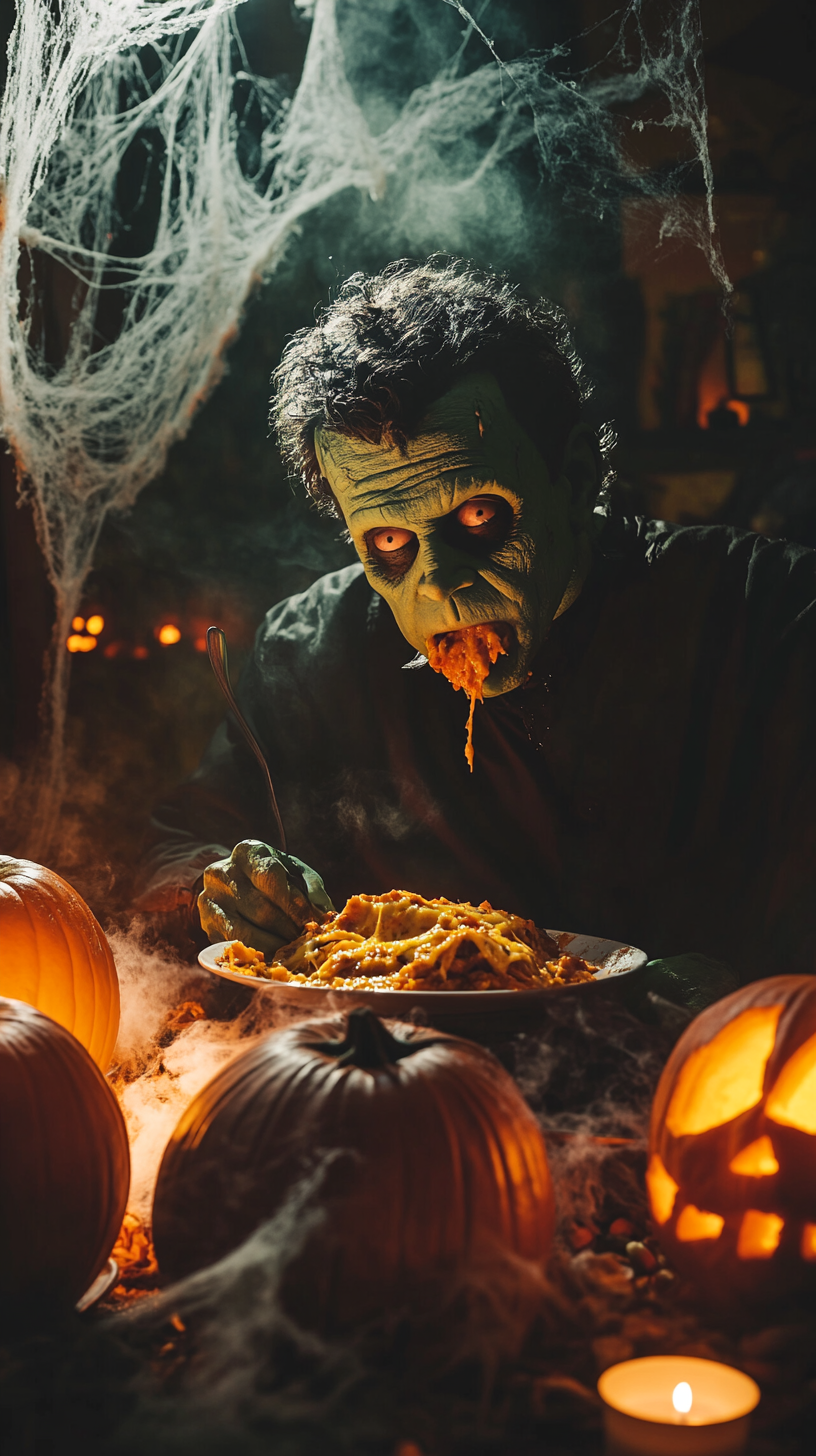 Frankenstein eating lasagna amidst Halloween decorations