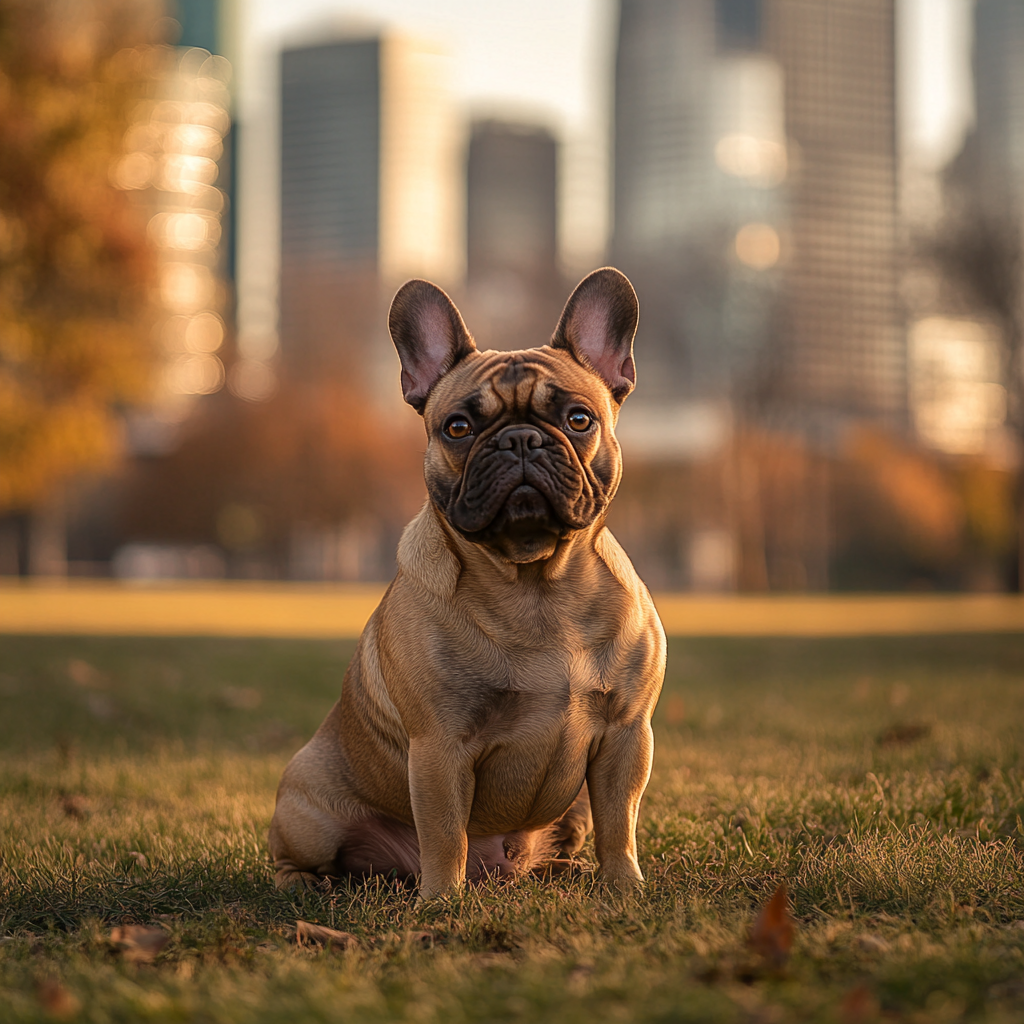 French Bulldog portrait in urban park with detailed textures.