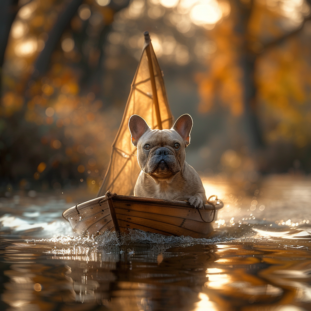 French Bulldog sailing in wooden boat on calm water.